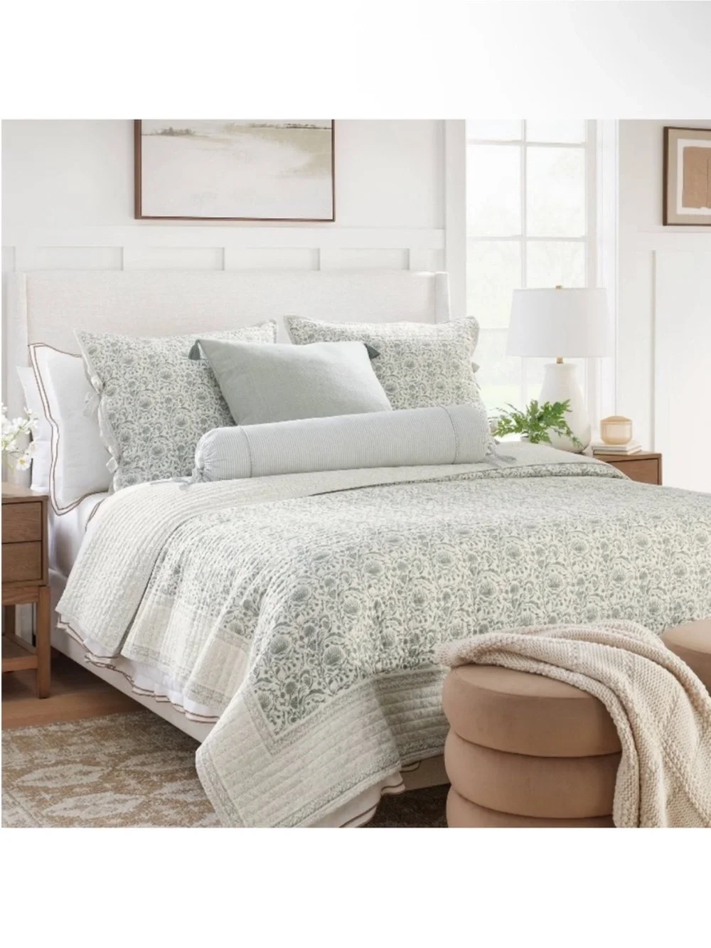 NWT King Decorative Border Cotton Slub Print Quilt Light Teal Green